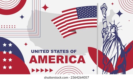 Día de la Independencia de Estados Unidos o Día de la Independencia de Estados Unidos, Banner de fondo de diseño con estatua de la libertad, mapa y bandera estadounidense en estilo retro moderno