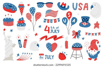 United states of America national symbols for independence day. 4th of July clipart. Balloons, american flag, gnome, eagle, statue of liberty. Vector illustrations in retro colors isolated on white