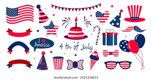 United states of America national symbols for independence day. 4th of July clipart. Vector illustrations in retro colors isolated on white background.