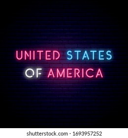 United States of America neon sign. Bright light signboard. Vector banner.