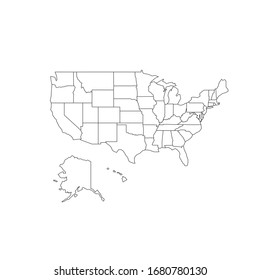 United States of America outline map, stroke with states bounds. Line style. Stock Vector illustration isolated on white background.