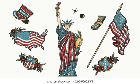 United States of America. Patriotic set. Statue of liberty, flag, map. History and culture. Traditional USA tattooing elements. Old school tattoo vector collection 