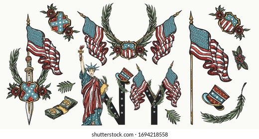 United States of America. Patriotic set. Traditional USA tattooing elements. Old school tattoo vector collection. Statue of liberty, flag, map. History and culture 