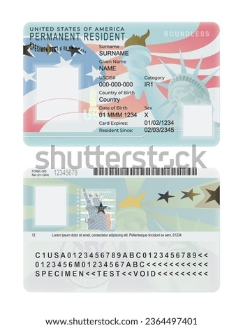 United States of America permanent resident card template isolated on a white background. USA residence permit card