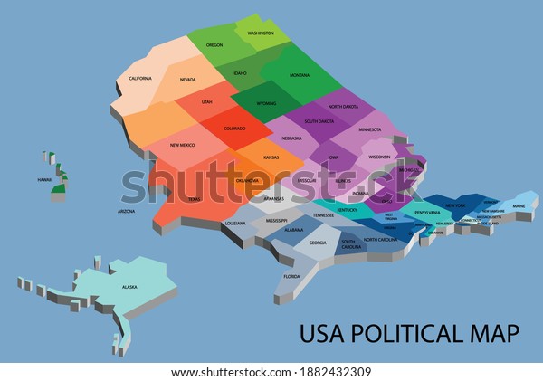 United\
States of America political isometric map divide by state colorful\
outline simplicity style. Vector\
illustration.
