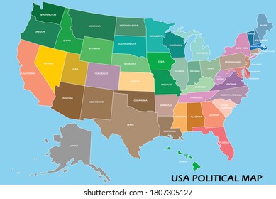 United States of America political map divide by state colorful outline simplicity style. Vector illustration.