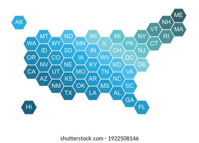 United States of America political map divide by state colorful hexagon geometry. Vector illustration.