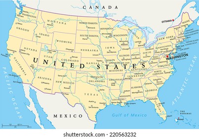 United States of America Political Map with capital Washington, national borders, most important cities, rivers and lakes. With single states, their borders and capitals, except Hawaii and Alaska.