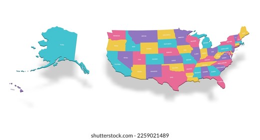United States of America political map of administrative divisions - states and federal district Washington, D.C. 3D colorful vector map with name labels.