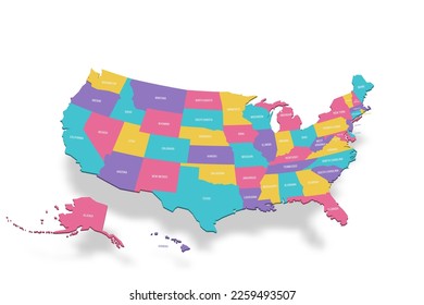 United States of America political map of administrative divisions - states and federal district Washington, D.C. 3D colorful vector map with name labels.