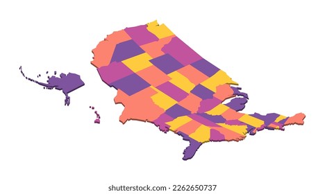 United States of America political map of administrative divisions - states and federal district Washington, D.C. Isometric 3D blank vector map in four colors scheme.