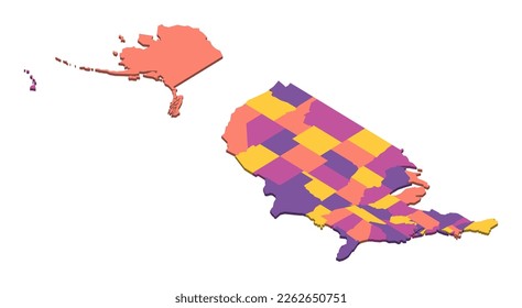 United States of America political map of administrative divisions - states and federal district Washington, D.C. Isometric 3D blank vector map in four colors scheme.