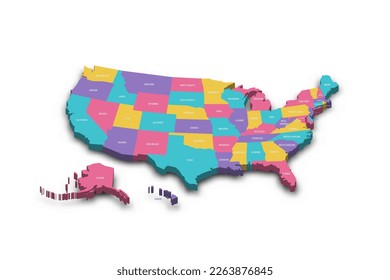 United States of America political map of administrative divisions - states and federal district Washington, D.C. Colorful 3D vector map with dropped shadow and country name labels.