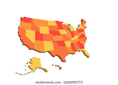 United States of America political map of administrative divisions - states and federal district Washington, D.C. 3D map in shades of orange color.