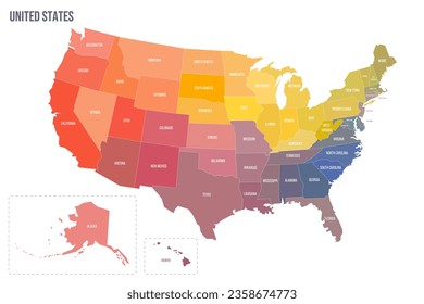 United States of America political map of administrative divisions - states and federal district Washington, D.C. Colorful spectrum political map with labels and country name.