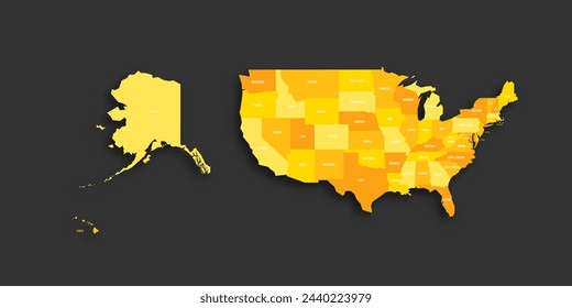United States of America political map of administrative divisions - states and federal district Washington, D.C. Yellow shade flat vector map with name labels and dropped shadow isolated on dark grey