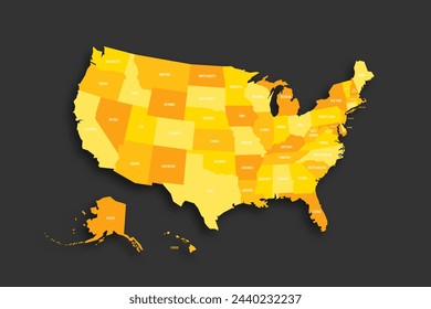 United States of America political map of administrative divisions - states and federal district Washington, D.C. Yellow shade flat vector map with name labels and dropped shadow isolated on dark grey