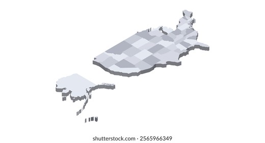 United States of America political map of administrative divisions - states and federal district Washington, D.C. 3D isometric blank vector map in shades of grey.