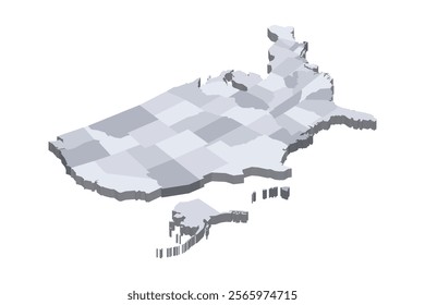 United States of America political map of administrative divisions - states and federal district Washington, D.C. 3D isometric blank vector map in shades of grey.