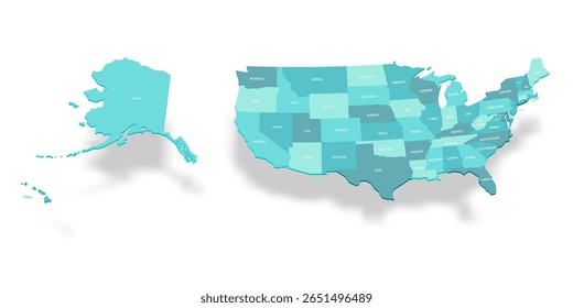 Estados Unidos da América mapa político de divisões administrativas - estados e distrito federal Washington, D.C. 3D turquesa mapa vetorial com rótulos de nome.