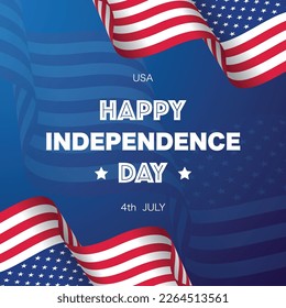 United States of America rectangle flag with textile texture isolated on blue background. Wind waving fabric with USA national symbol for holiday designs. Ripple wave emblem for independence day