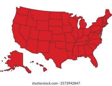 United States Of America red map with border of regions outline vector