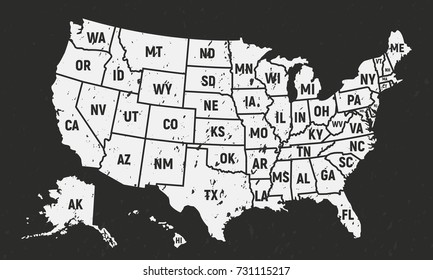 United States Of America Retro Poster Map. USA Map With Short State Names - Vintage Background. Grunge Texture Can Be Easily Disabled.