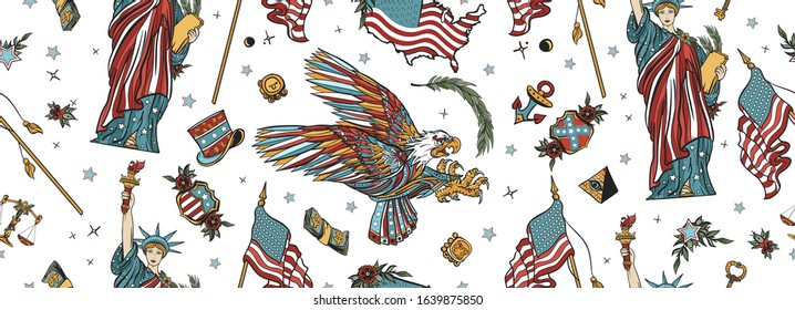 United States of America seamless pattern. Old school tattoo style. Statue of liberty, eagle, flag, map. History and culture. USA patriotic background 