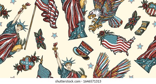 United States of America seamless pattern. Statue of liberty, eagle, flag, map. History and culture. USA patriotic background. Old school tattoo style 