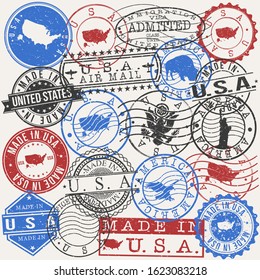 United States America Set Of Stamps. Travel Passport Stamp. Made In Product. Design Seals Old Style Insignia. Icon Clip Art Vector.