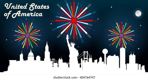 United States of America skyline silhouette vector design, dark night sky with fireworks