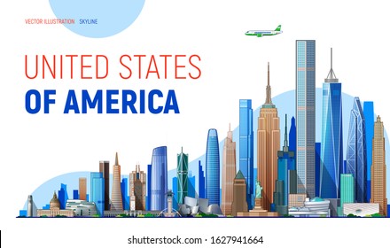 United States of America skyline vector illustration. USA most popular buildings and landmark, landing page template. Easy to edit and customize.