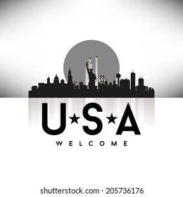 United States of America States/Cities Skyline Silhouette Black Design, vector illustration.