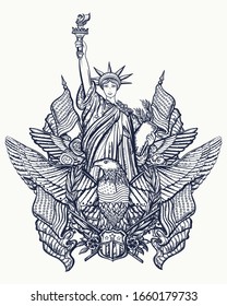 United States of America. Statue of liberty, eagle, flag and map. Patriotic art. Old school tattoo style. History and culture. Traditional USA concept