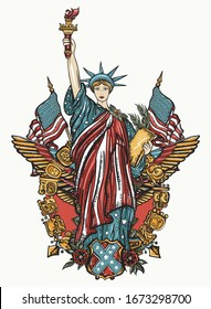 United States of America. Statue of liberty, golden eagle,crossed flags. Patriotic art. Old school tattoo style. History and culture. Traditional USA concept