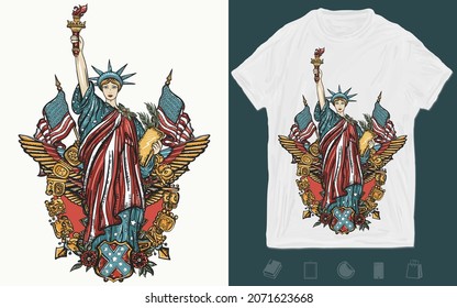 United States of America. Statue of liberty, golden eagle and crossed flags. USA patriotic art. T-shirt design. Template for posters, textiles, apparels. Creative print for clothes 