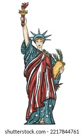 United States of America. Statue of liberty. Patriotic art. Old school tattoo vector art. Hand drawn graphic. Isolated on white. Traditional flash tattooing