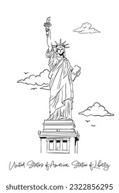 United States of America, Statue of Liberty with hand drawing concept, print, doodle, vector illustration (Vector)