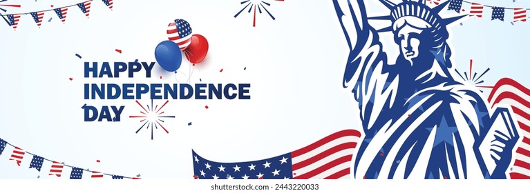 United States of America, the Statue of Liberty with waving usa flag, fireworks, balloons decoration greeting banner template for celebrating independence day. Vector illustration.