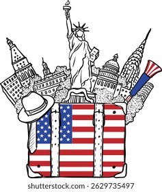 United States of America, Statue of Liberty with hand drawing concept, print, doodle, vector illustration