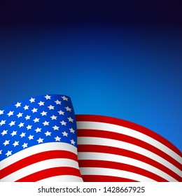 United States of America template cover. Vector illustration. Wavy american flag on blue empty background. Realistic usa celebration banner, print. Patriotic design.
