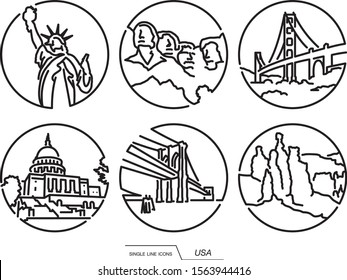 United States of America Tourist attractions Single Line Icons Set