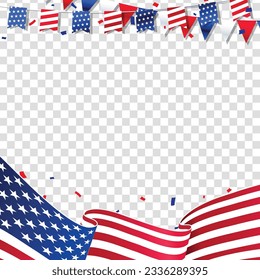 United states of america transparent banner, background, template with usa waving flag, bunting decoration, empty, blank, copy space for text and images. Vector illustration.