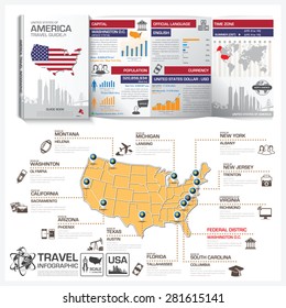 United States Of America Travel Guide Book Business Infographic With Map Vector Design Template