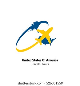 United States of America Travel and Tours logo. Vector travel company logo design - Country map Leisure travel logo template. Tourism emblem, leisure center - vector illustration