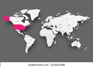 United States of America, US or USA, pink highlighted in map of World. Light grey simplified map with dropped shadow on dark grey background. Vector illustration.