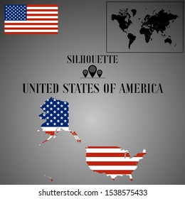 United States of America, US, USA  outline world map silhouette vector illustration, creative design background, national country flag, objects, element, symbols from countries all continents set.