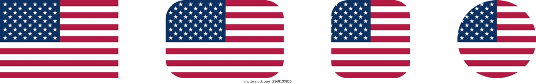 United States of America US USA Flag Set with Rectangle and Square with Rounded Corners and Round Circle Flag Icon Set. Vector Image.