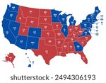 United States of America USA 2024 Presidential Election Results Map in red and blue. 2024 United States of America Presidential Election banner.