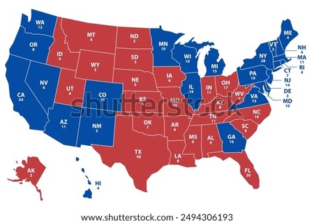 United States of America USA 2024 Presidential Election Results Map in red and blue. 2024 United States of America Presidential Election banner.